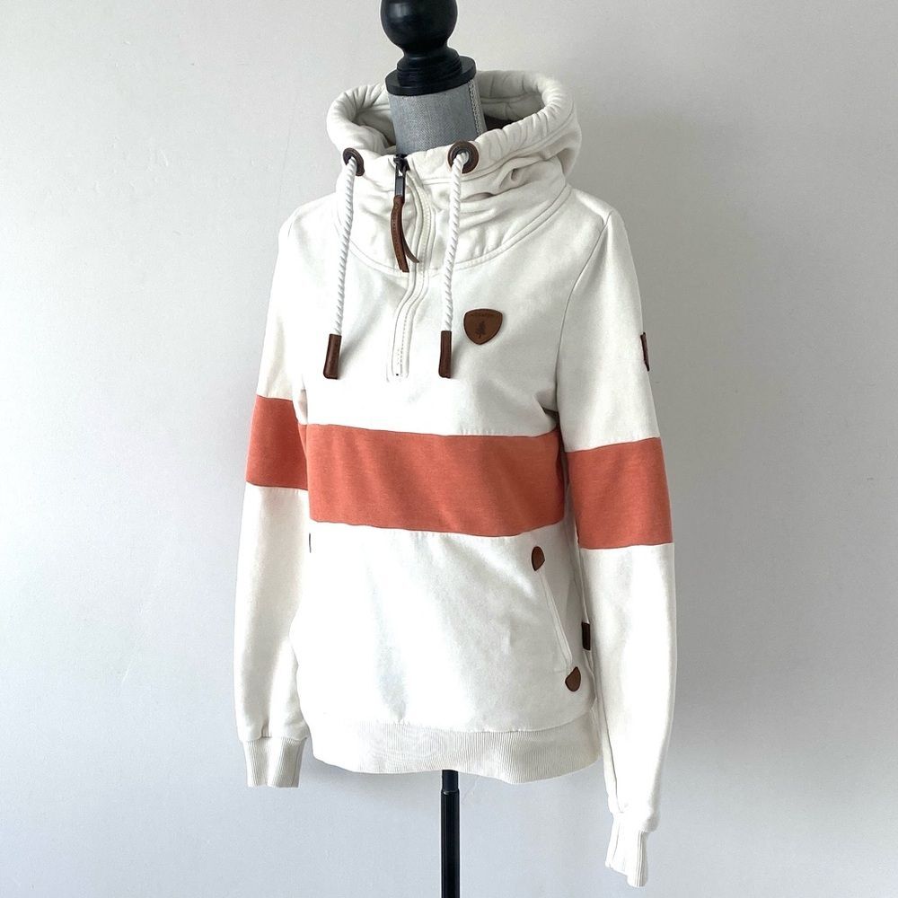 Wanakome Delia Hooded Quarter Zip Sweatshirt Sz M Rope Drawstring Logo Patches